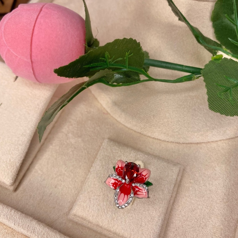 🌹 Silver Pink & Ruby Red Rhinestone Floral Ring 6 🌹 Including Velvet👑 Gift Box 🎀 - Picture 6 of 14